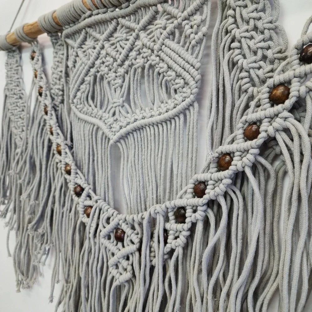 Boho Macrame Wall Hanging Grey Cotton Fringe with Wood Beads and Dowel 31.5x28in
